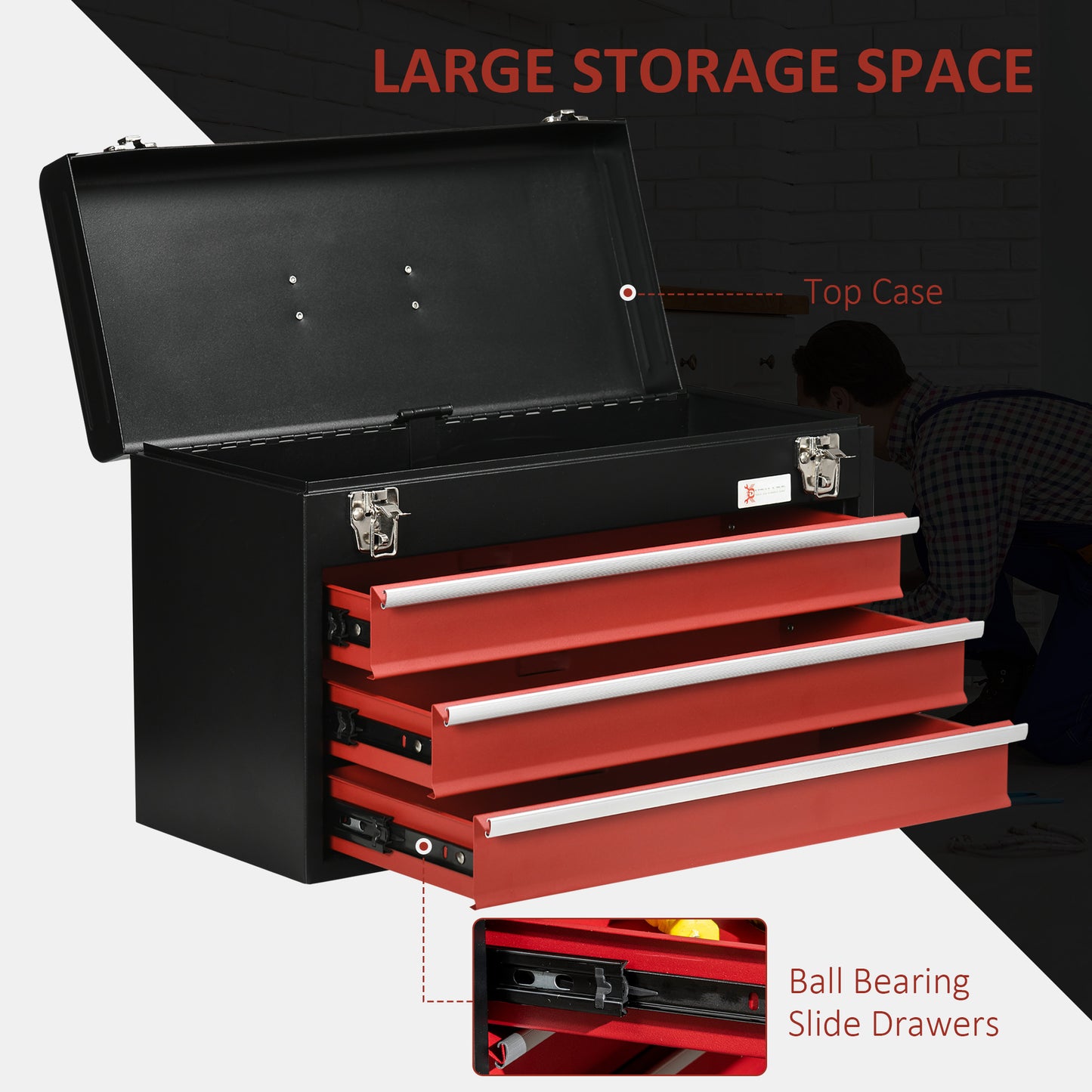 Metal Tool Box 3 Drawer Tool Chest DIY Tools Kit, Lockable with Ball Bearing Runners, Portable Toolbox, 510mm x 220mm x 320mm