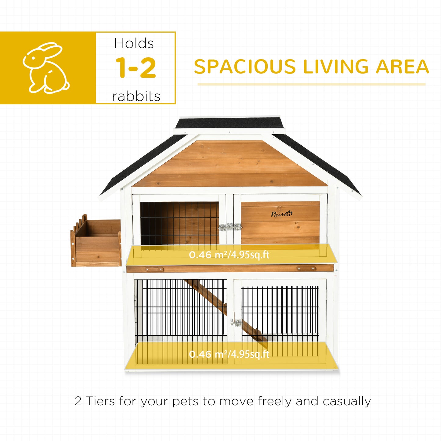 2 Tier Wooden Rabbit Hutch, Guinea Pig Cage, Bunny Run, Small Animal House with Plant Box 123 x 58 x 106cm, Natural