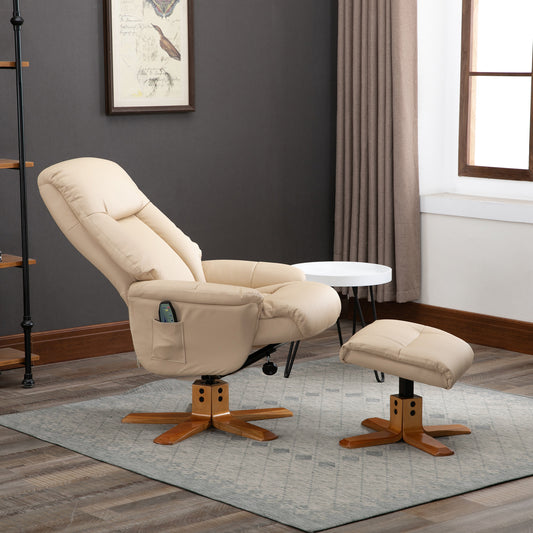 HOMCOM Swivel Recliner Armchair, 10-point Massage, w/ Footstool, Leather, 145° Reclining, 360° Swivel, Cream White 