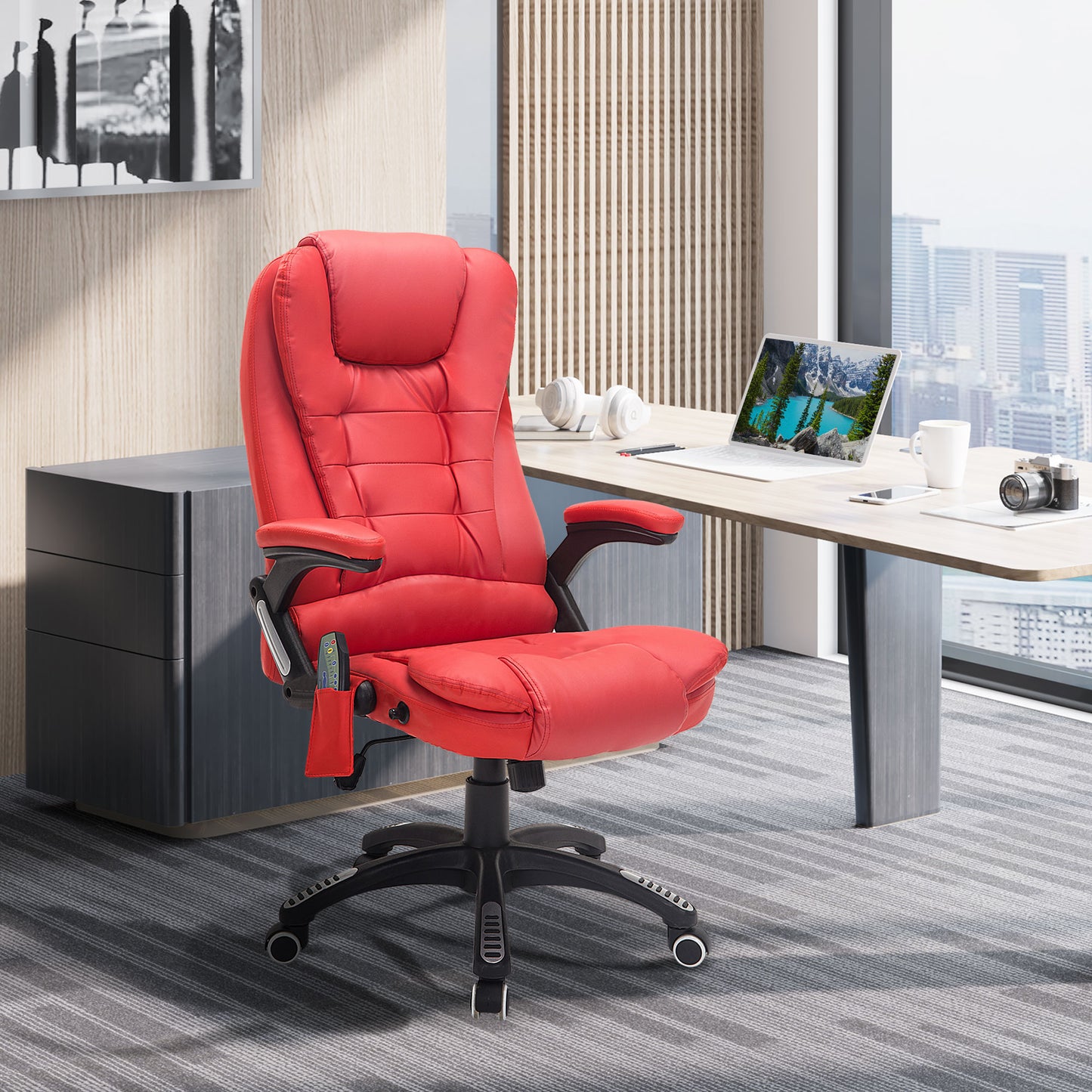 HOMCOM Ergonomic Office Chair, Massage Office Chair, Executive Office Chair, Leather, 135°Reclining, 360° Swivel, Rocking Function Red