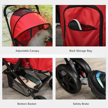 Pet Stroller Dog Cat Travel Pushchair Foldable Jogger with Reversible Handle EVA Wheel Brake Basket Adjustable Canopy Red