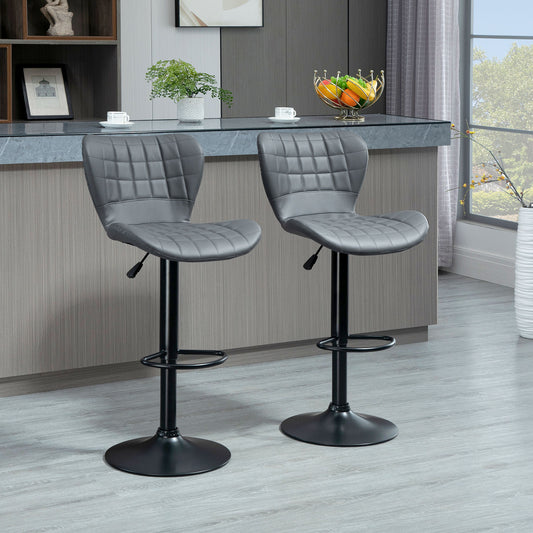 HOMCOM Leather Bar Stools, Grey Bar Stools, for Kitchen Islands Breakfast Set of 2 Adjustable Height Swivel with Footrest 