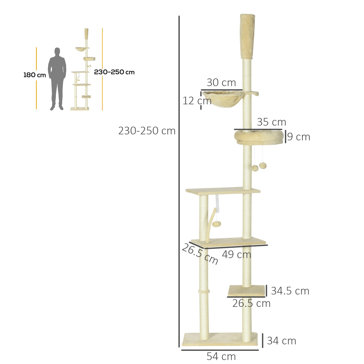 Floor to Ceiling Cat Tree, 90.5" - 98.5" Adjustable Height, Cat Climbing Tower with Carpeted Platforms, Scratching Posts, Beige