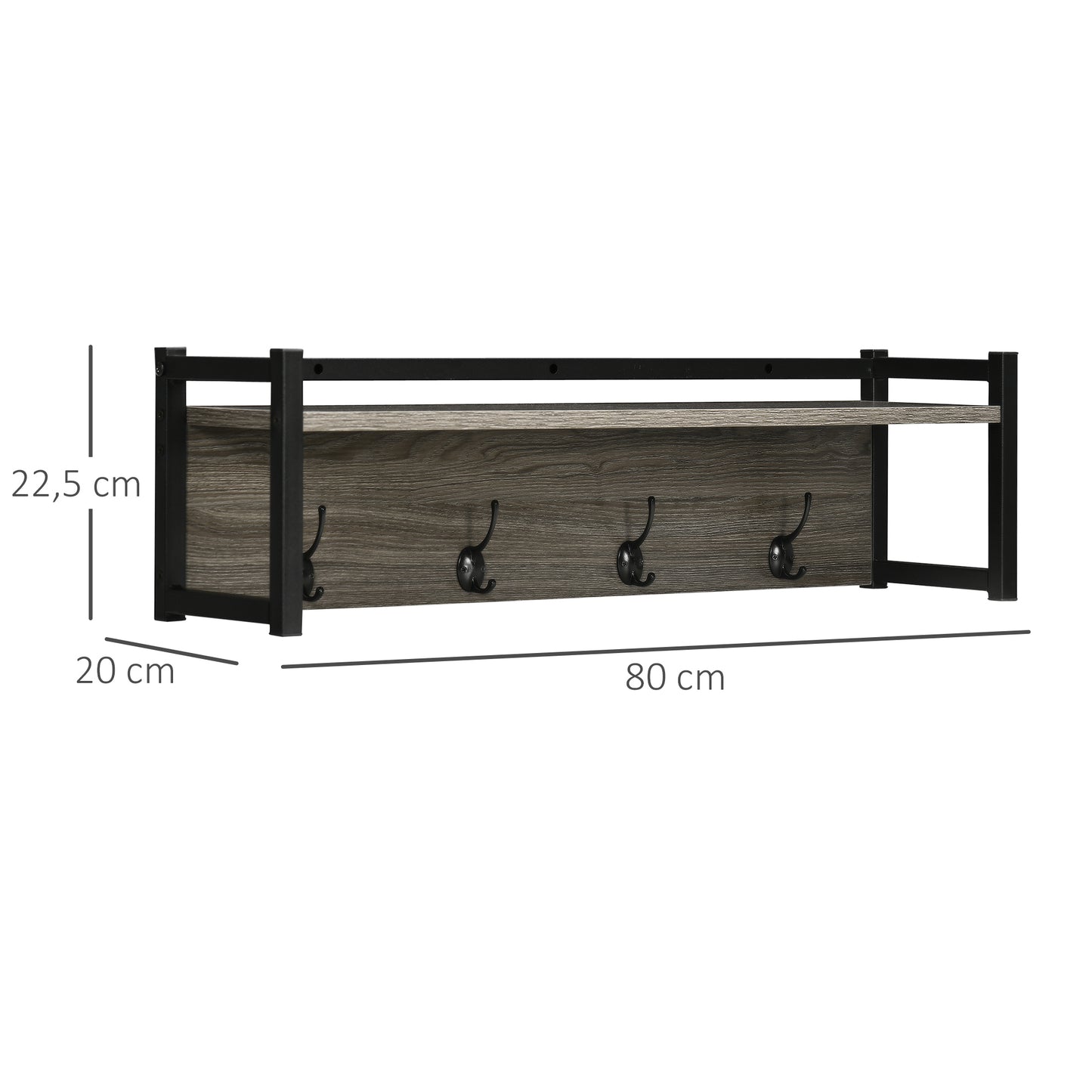 Wall Coat Rack with Shelf, with 4 Coat Hooks and Open Storage Shelf, Versatile Floating Hanging Grey