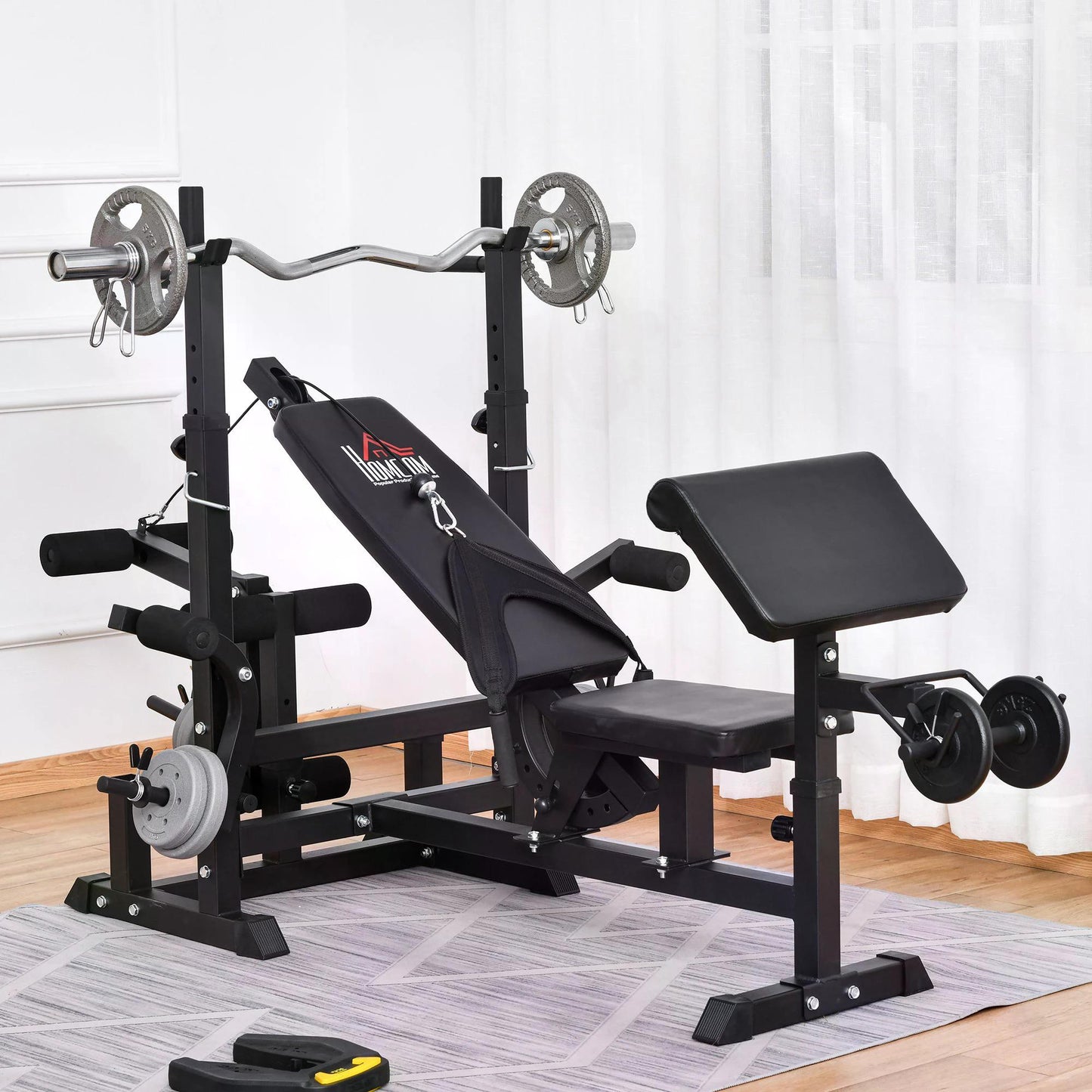 HOMCOM Gym Bench for Home, with Bench Press, Leg Extension, Chest Fly Resistance Band & Preacher Curl 