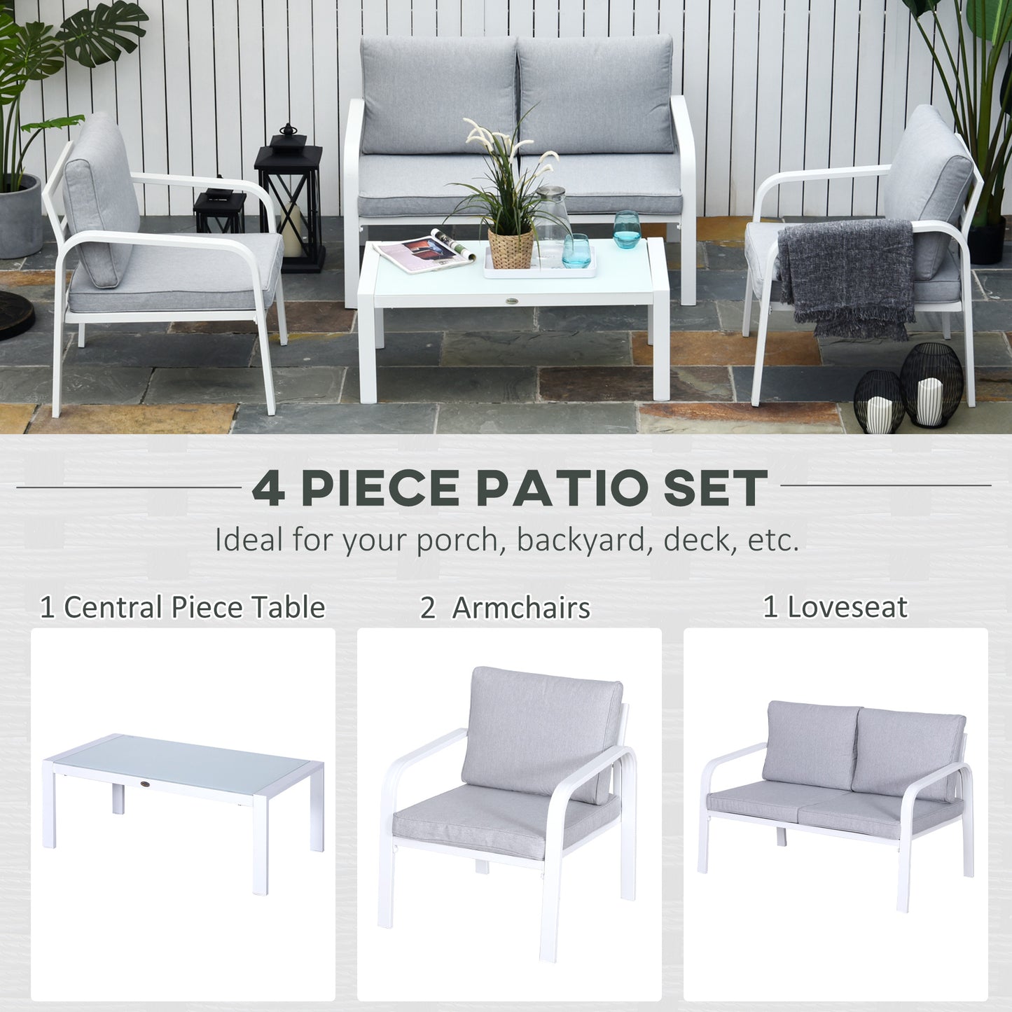 4pcs Garden Sofa Set 2 Single Armchair, 1 Bench & 1 Coffee Table Set Aluminum Frame Patio Furniture with Cushions, White