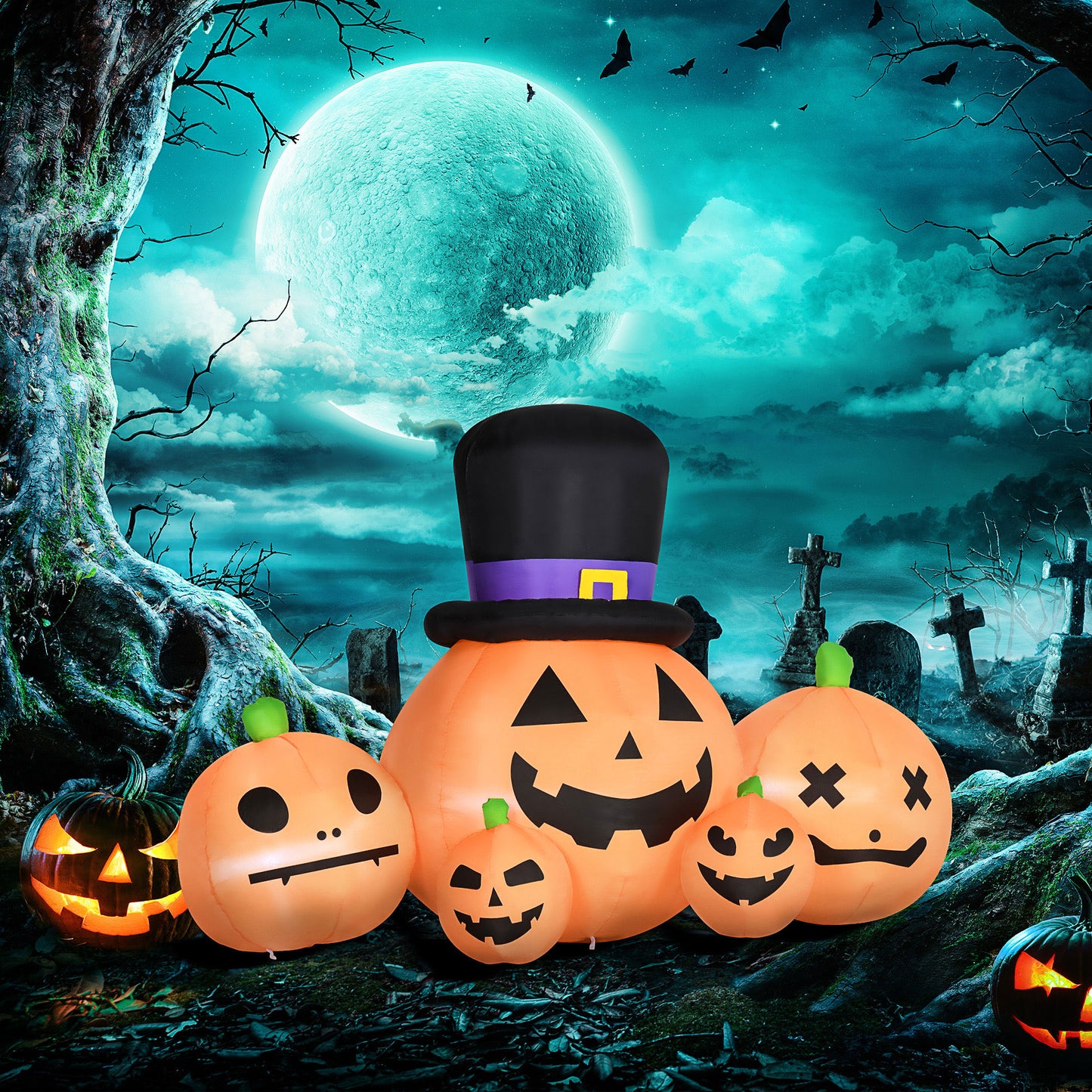 Outsunny 6ft Inflatable Halloween Decorations，Large Pumpkin in Hat with Four Small Pumpkins, Blow-Up Outdoor LED Display 