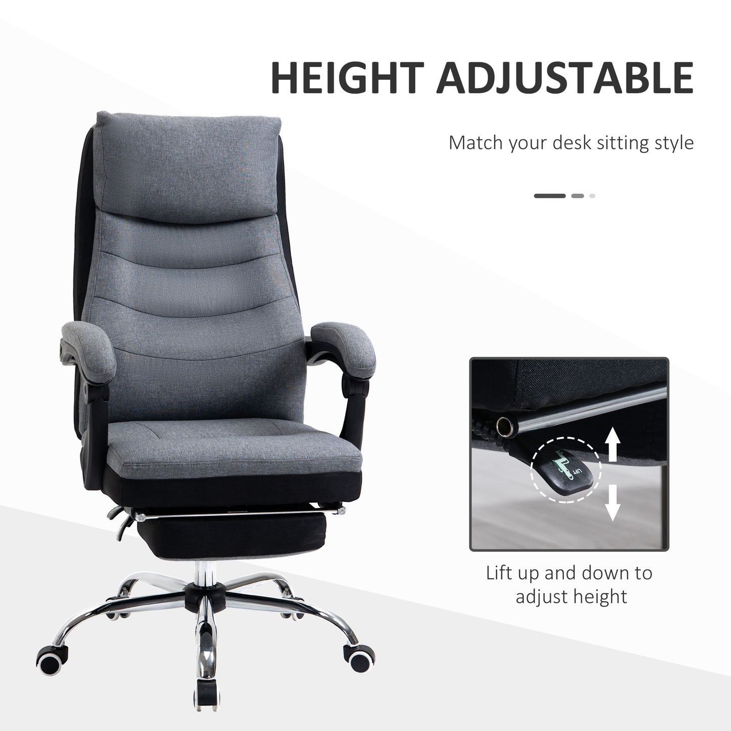 Executive Office Chair with Footrest, Ergonomic, High Back, 135° Reclining, Adjustable Height, Grey