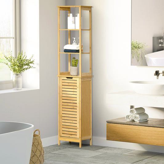 Kleankin Bathroom Floor Cabinet with 3 Shelves and Cupboard,Slim and Freestanding Organiser,Tallboy with Storage,Natural 