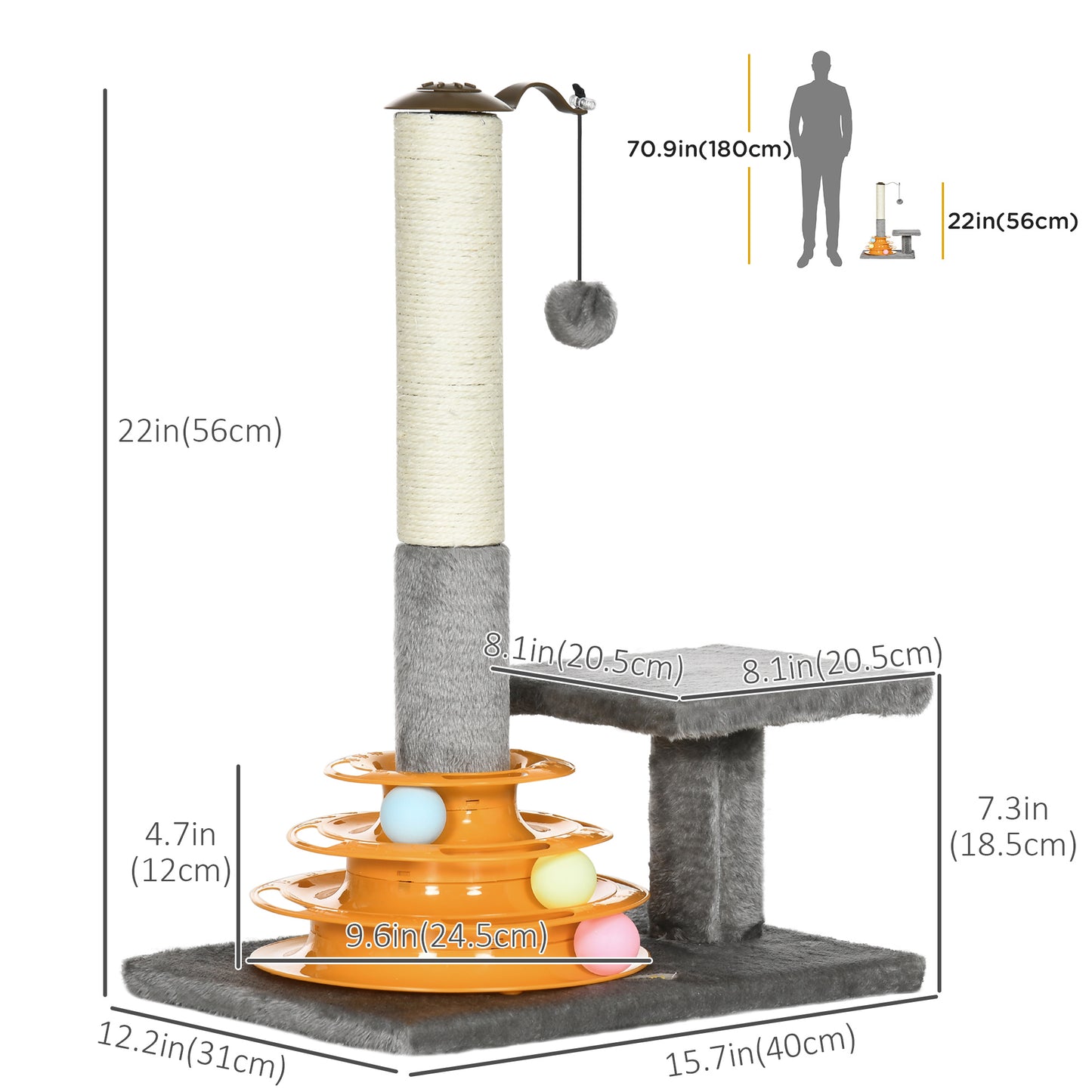 Cat Scratching Tree, for Kitten, w/Perch, Hanging Ball, Plush Fabric, Natural Sisal Post Toy, 56cm, Grey