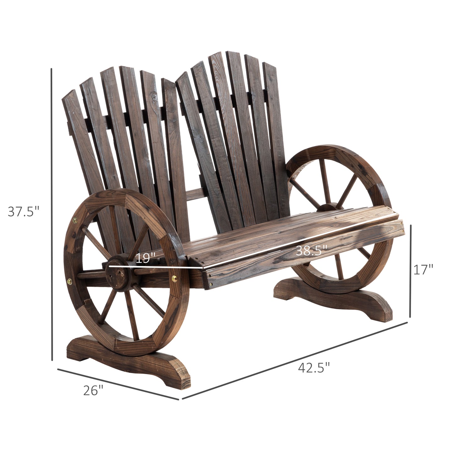 Comfortable Fir Logs Love Chair with Wheel-Shaped Armrests, Outdoor Wooden Loveseats, Carbonized color