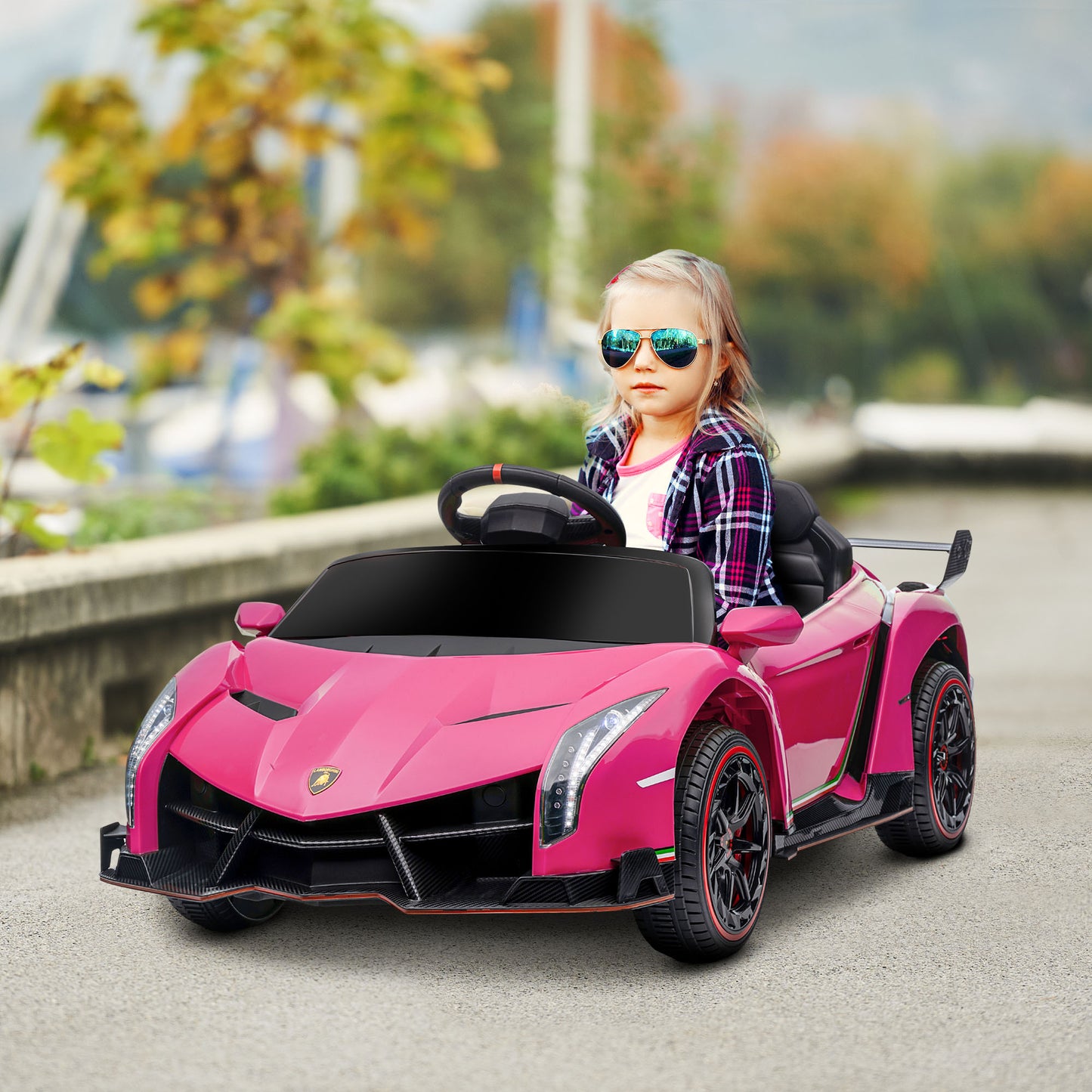 HOMCOM Lamborghini Veneno Licensed 12V Kids Electric Ride on Car w/ Butterfly Doors, Portable Battery w/ Bluetooth, Pink 