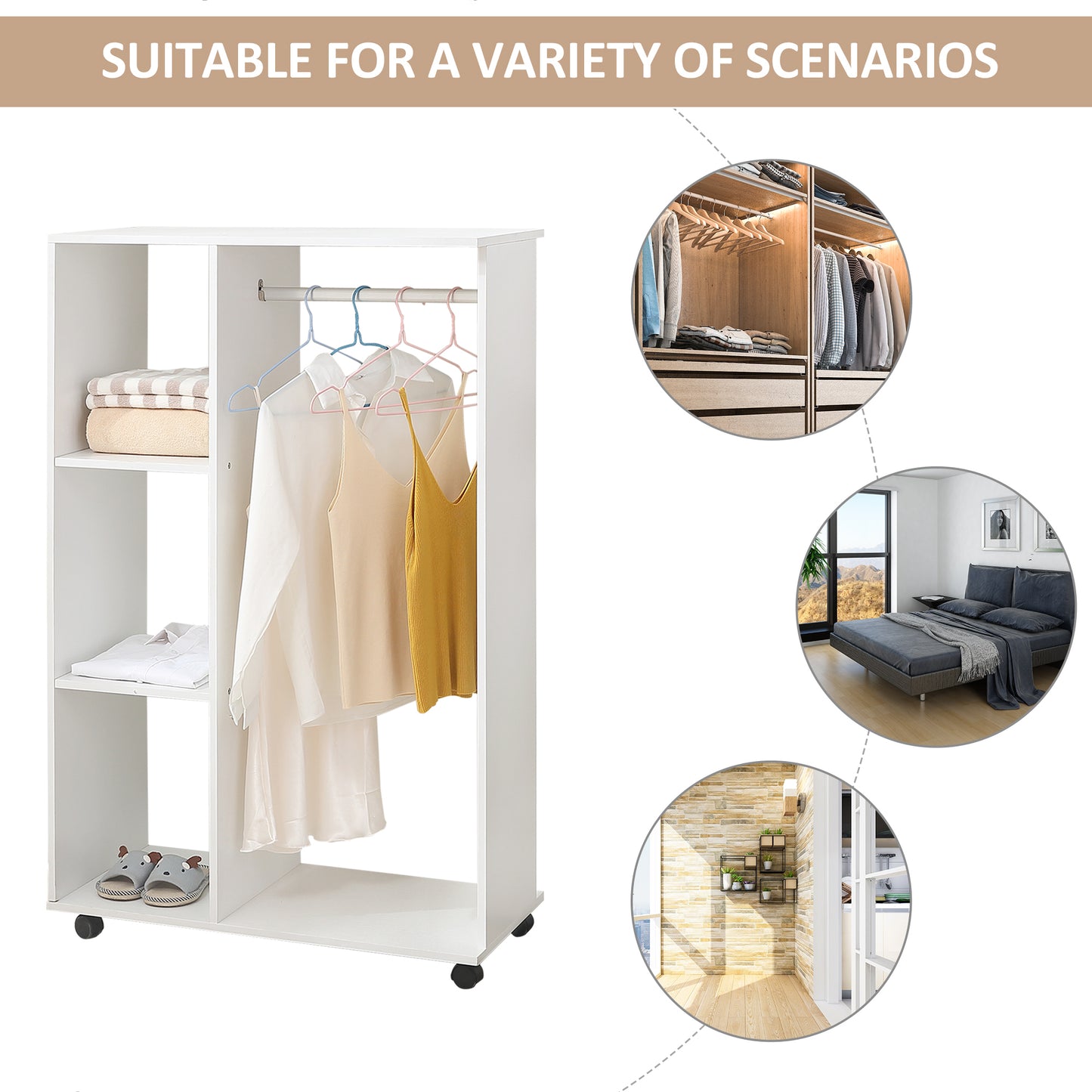 Particle Board Mobile Open Wardrobe on Wheels White