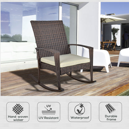 Rattan Rocking Chair Rocker Garden Furniture Seater Patio Bistro Relaxer Outdoor Wicker Weave with Cushion - Brown Recliner