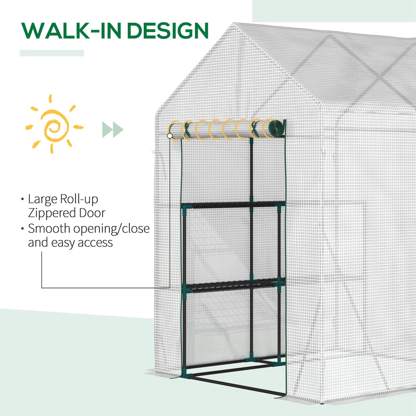 Greenhouse for Outdoor Portable Gardening Plant Grow House w/ 2 Tier Shelf Roll-Up Zippered Door PE Cover 143 x 143 x 195cm