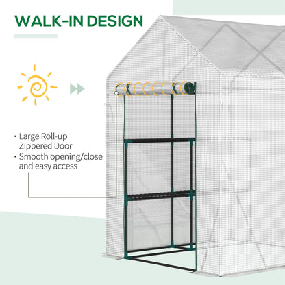 Greenhouse for Outdoor Portable Gardening Plant Grow House w/ 2 Tier Shelf Roll-Up Zippered Door PE Cover 143 x 143 x 195cm