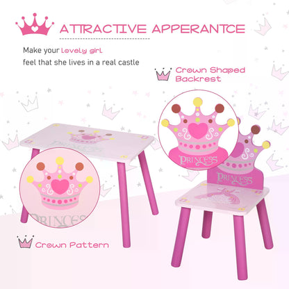 Kids Desk and Chair Set, 3-Piece, with Crown Pattern Easy to Clean Gift for Girls Toddlers Age 3 to 8 Years Old Pink