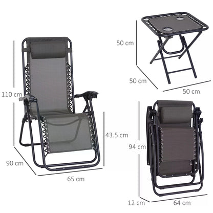 3pcs Folding Zero Gravity Chairs Sun Lounger Table Set W/ Cup Holders