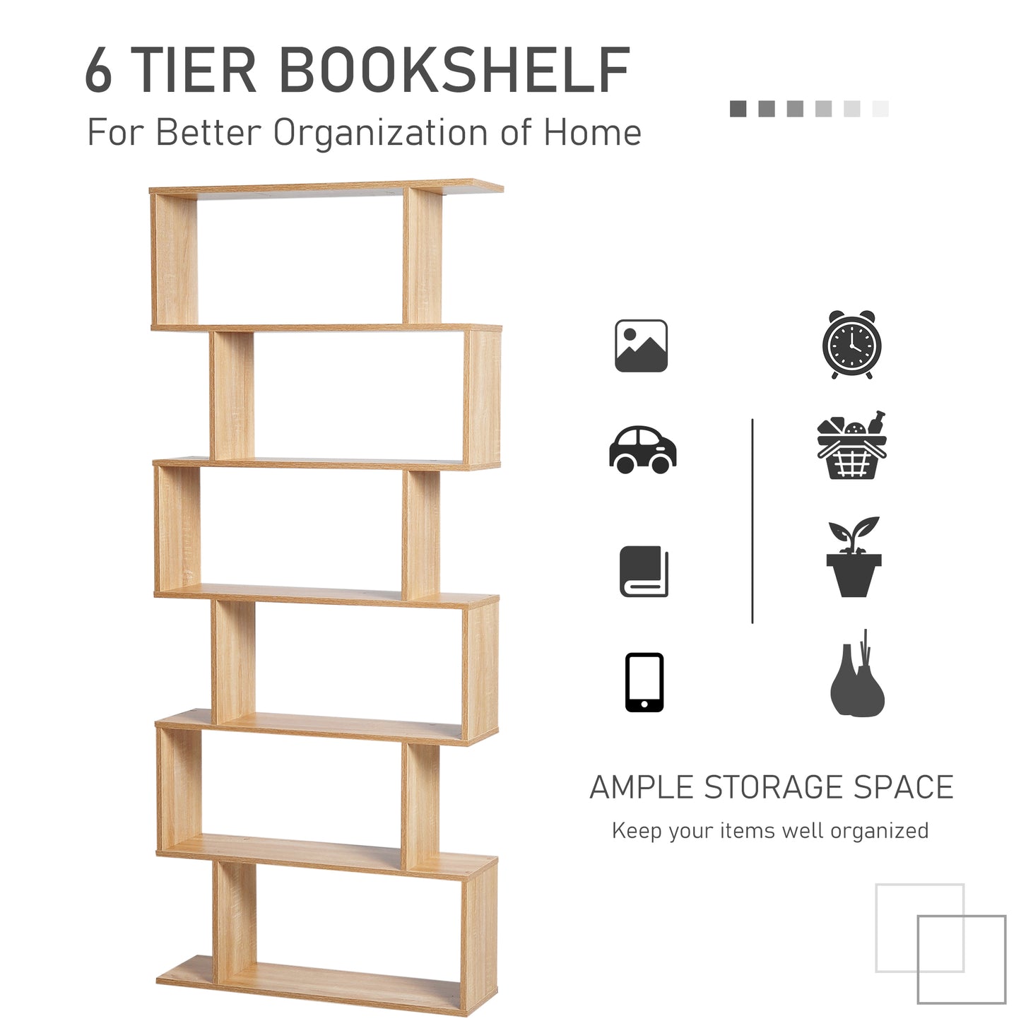 6 Tier Wooden Bookshelf Modern S-Shaped Shelf Unit Storage Display