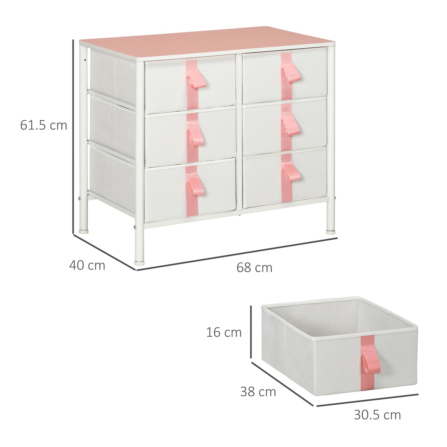 Pink Chest of Drawer, 6 Drawers, Cloth Organizer Unit, Fabric, Metal Frame and Wooden Top, for Kids Room, Living Room