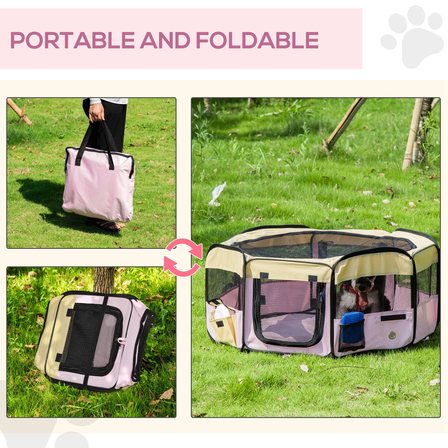 Fabric Folding Pet Playpen 8 Panels Octagon Shape Portable Rabbit Guinea Pig Play Pen L37 x H37cm x D90cm -Pink