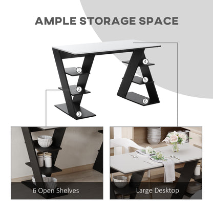 Study Desks with Storage, 120x60x75.5cm Laptop Workstation with 6 Open Shelves White and Black
