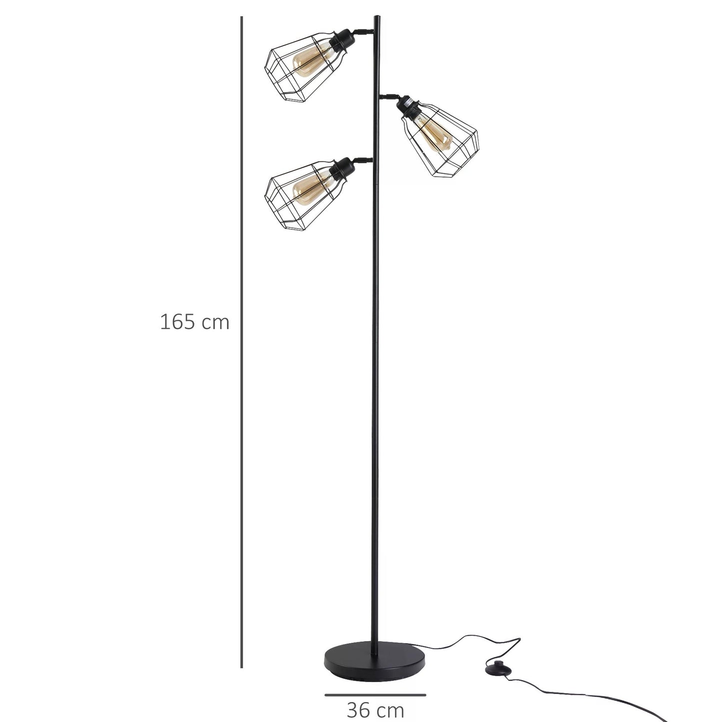 Tall Floor Lamp for Dining Room, 3-light Standing Lamp, Matte Black Finish, Steel Frame E27 Living Room Black