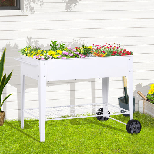 Outsunny Metal Raised Flower Bed Outdoor Planter Trolley Elevated Garden Plant Box w/ Storage Shelf Wheels 