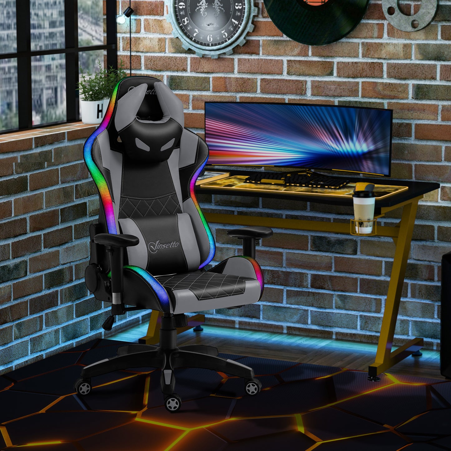 Vinsetto Ergonomic Gaming Chair with RGB LED Light, Lumbar Support, Gamer Recliner, Grey  