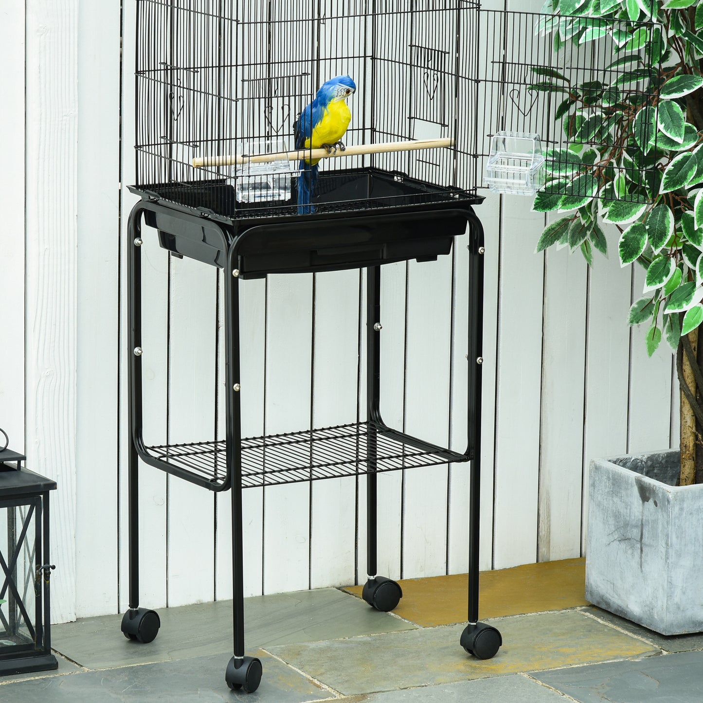 Bird Cage Budgie Cages for Finch Canary Parakeet w/ Stand Wheels Slide-out Tray Storage Shelf Black 36 x 46.5 x 157 cm