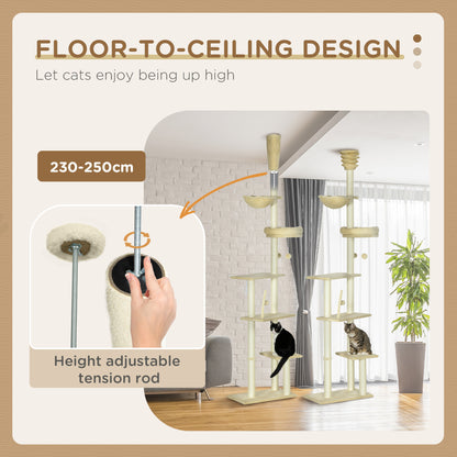 Floor to Ceiling Cat Tree, 90.5" - 98.5" Adjustable Height, Cat Climbing Tower with Carpeted Platforms, Scratching Posts, Beige