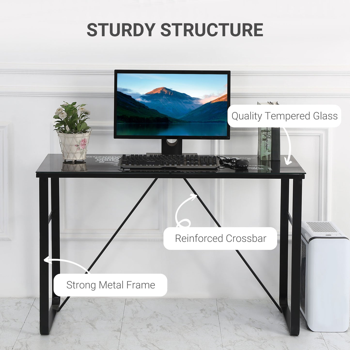 Black Study Desk, w/Glass Top with World Map Printing Working Station Home Office Metal Frame Easy Assembly