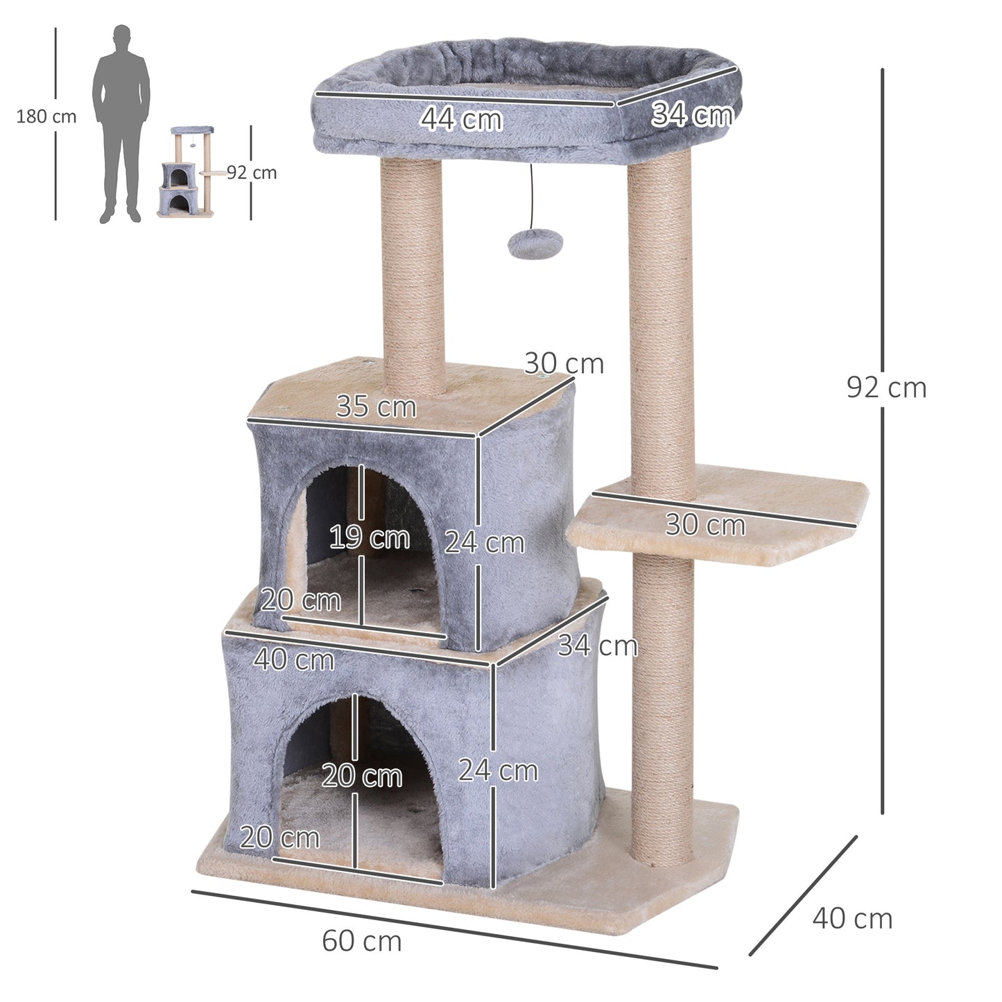 Cat Cave, 92cm Cat Tree Cat Tower, for Kitten, w/ Scratching Post, Cat Bed, Perch, Grey