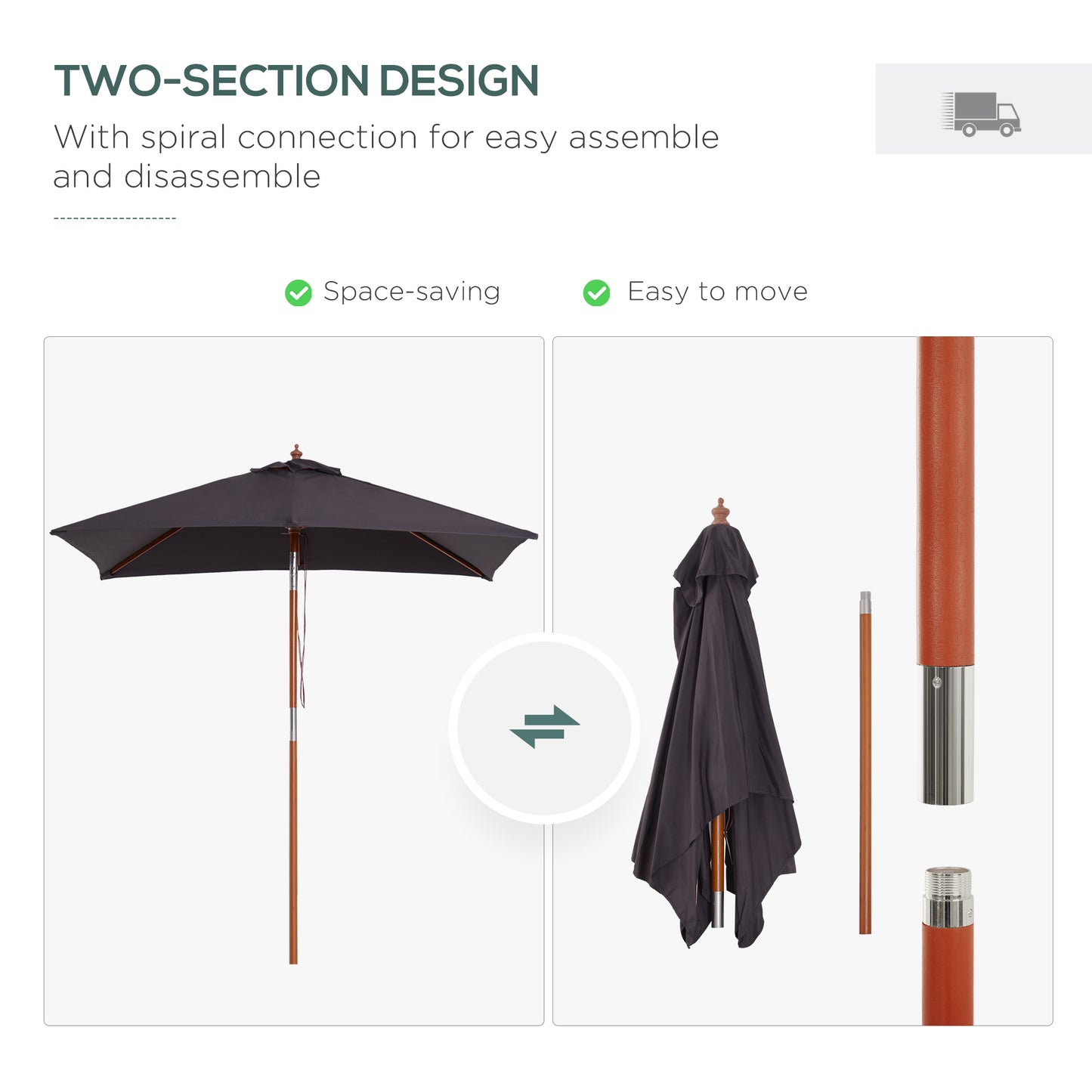 2 x 1.5m Patio Garden Parasol Sun Umbrella Sunshade Canopy Outdoor Backyard Furniture Wood Wooden Pole 6 Ribs Tilt Mechanism - Deep Grey