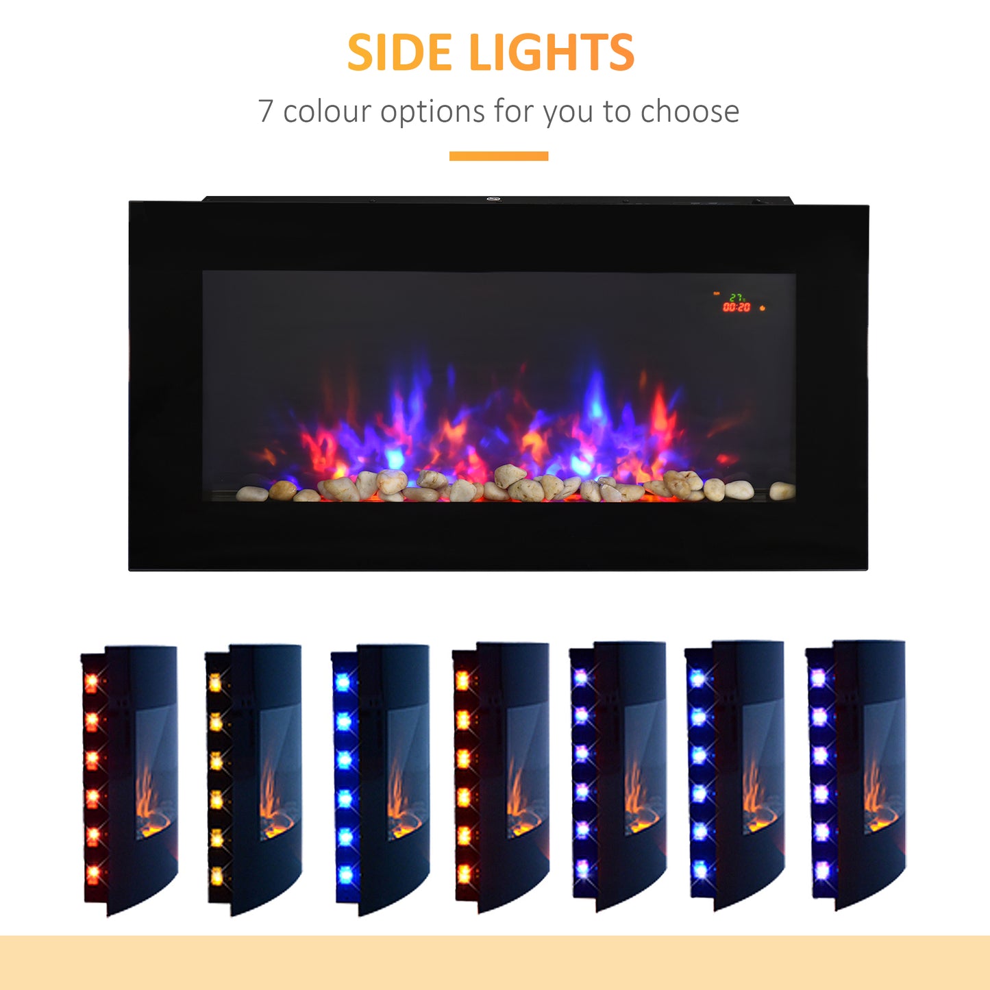 2000W Wall Mounted Tempered Glass Electric Fireplace Heater LED Wall Fires Black