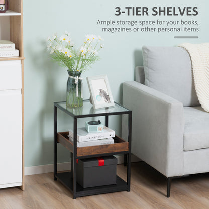 Glass Top Side Table, Industrial, with Storage Shelves, with Steel Frame for Living Room Rustic Brown