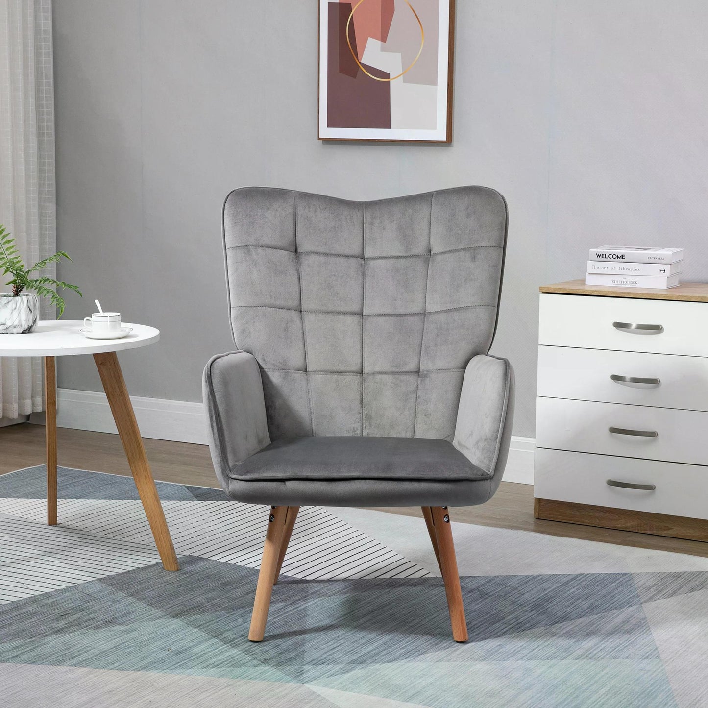 Modern Accent Chair Velvet-Touch Tufted Wingback Armchair Upholstered Leisure Lounge Sofa Club Chair with Wood Legs, Grey