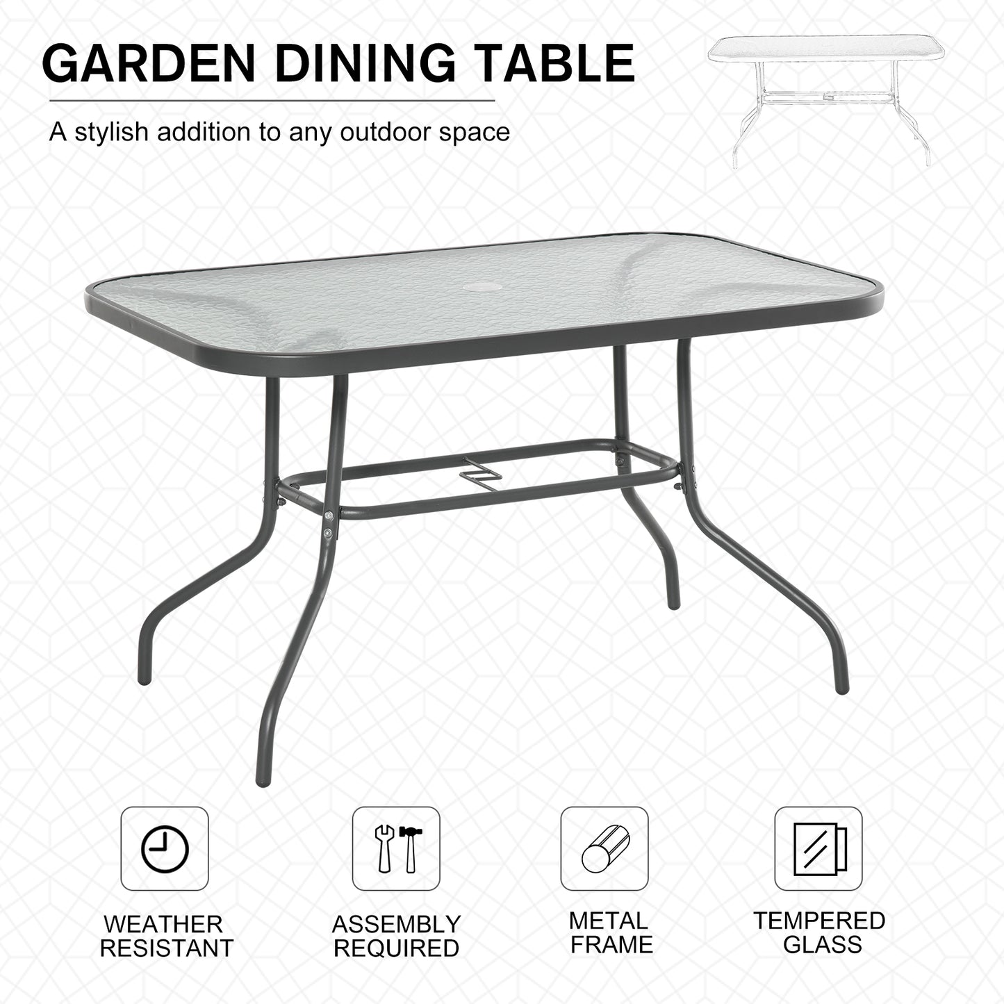 Glass Top Garden Table Curved Metal Frame w/ Parasol Hole 4 Legs Outdoor  Balcony Sturdy Friends Family Dining Table  -Grey