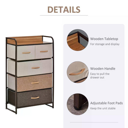 5 Drawer Chest of Drawers Foldable Drawers with Steel Frame Wooden Top for Bedroom Hallway Closets