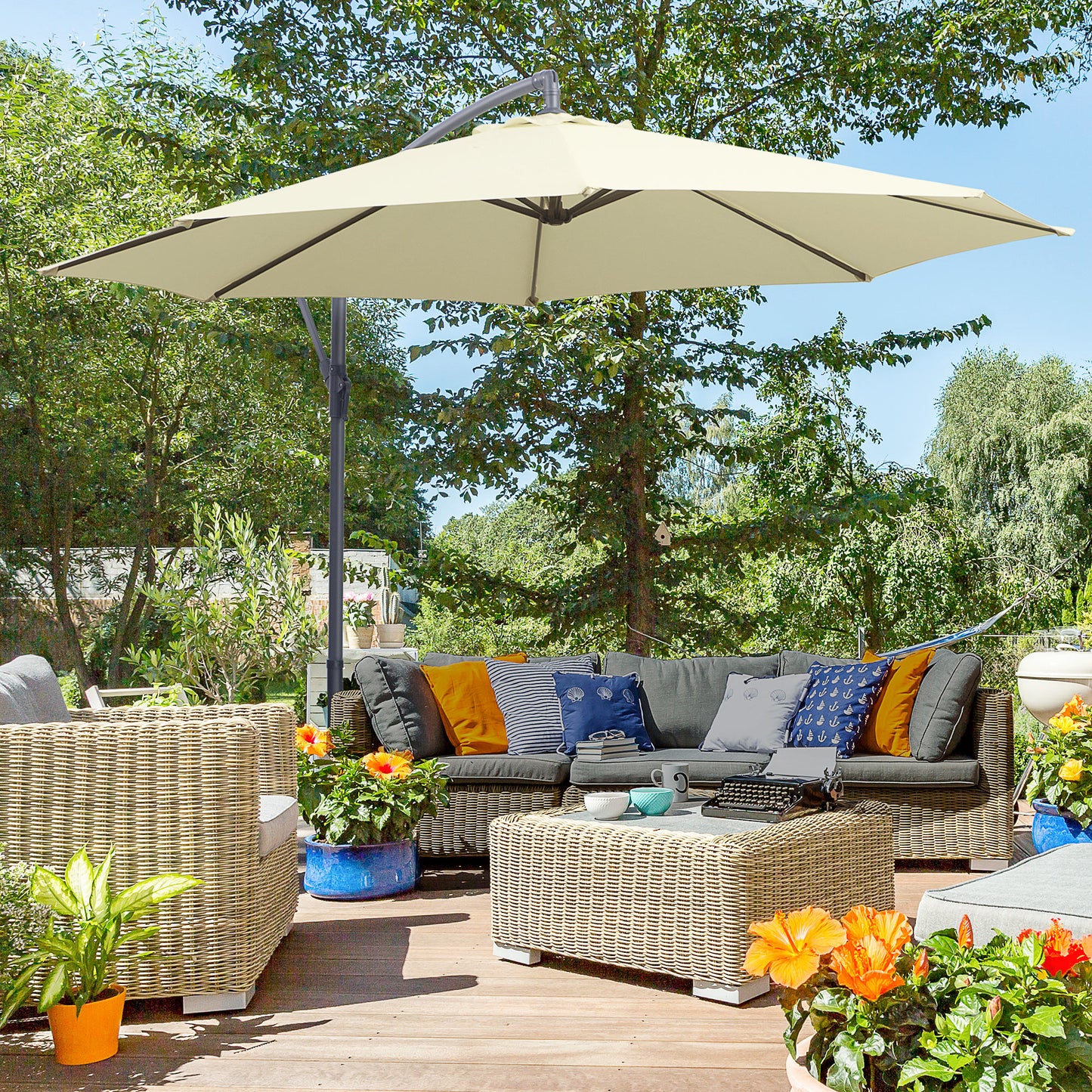 3m Banana Parasol-Biege / Homcom 3m Garden Parasol Sun Shade Patio Banana Hanging Rattan Set Umbrella Cantilever Cream