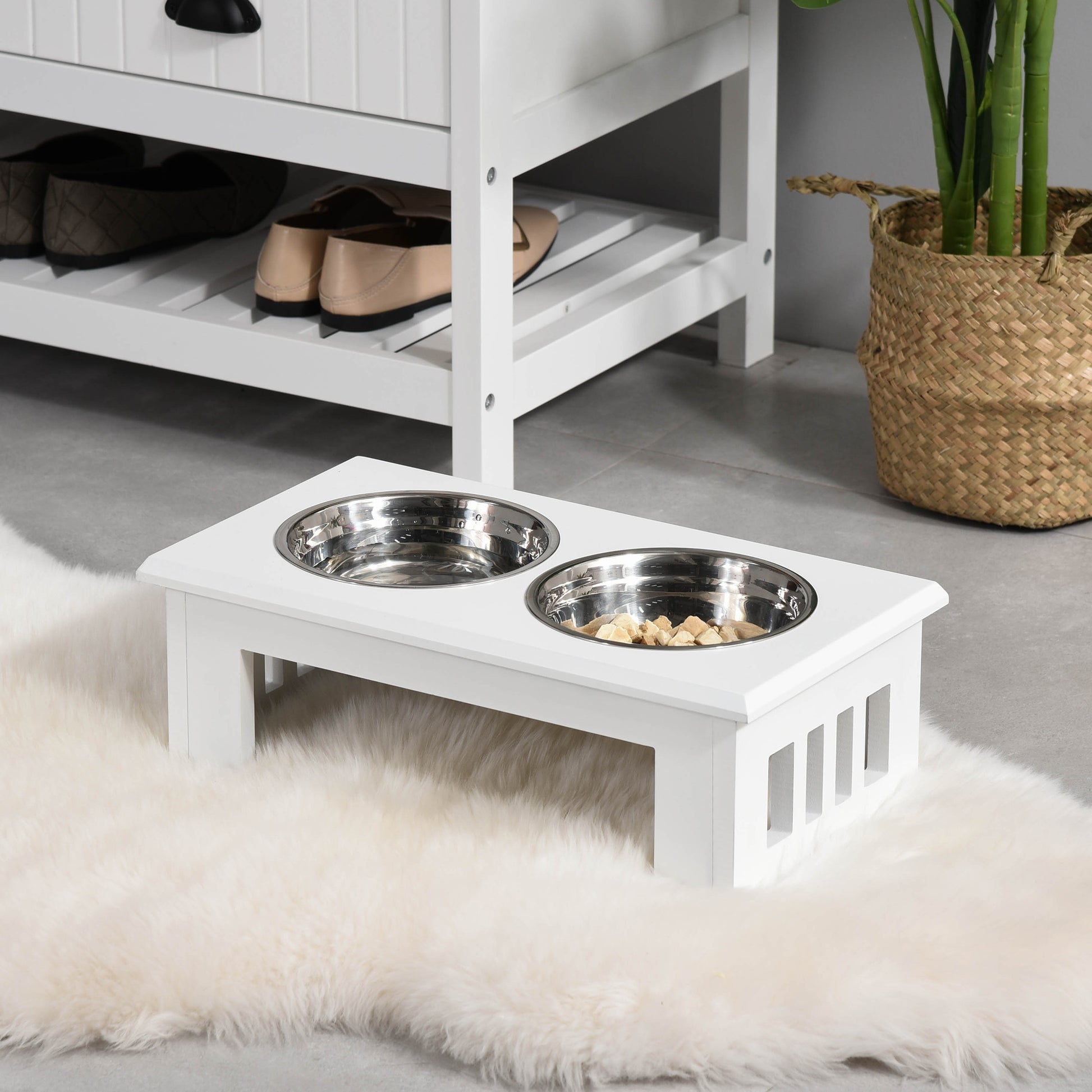 Pawhut Dog Food and Water Bowl, Stainless Steel, 58.4Lx30.5Wx25.4H cm-White 