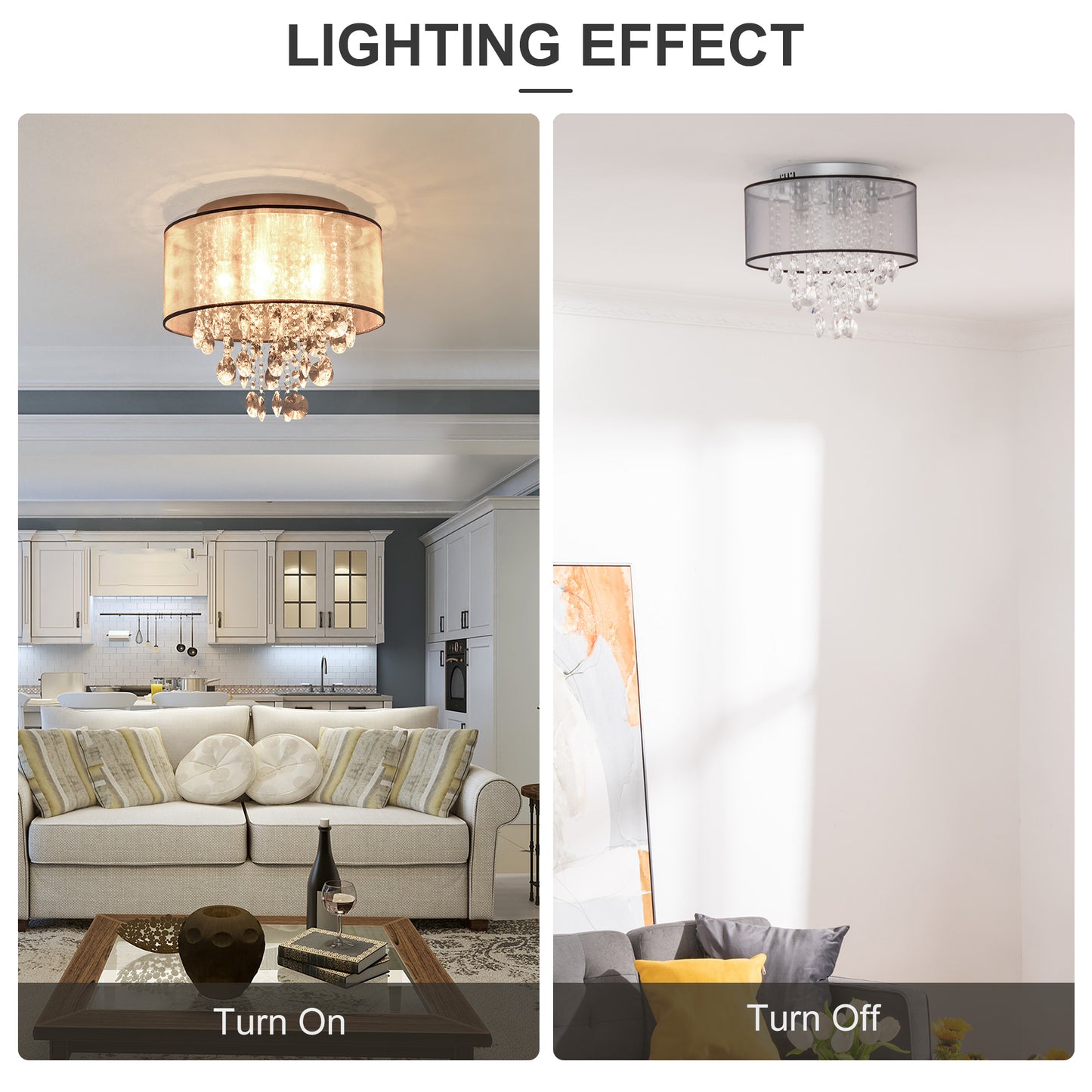 Small Living Room Ceiling Lights, Modern Crystal Chandelier Flush Mount with Drum Shade for Silver