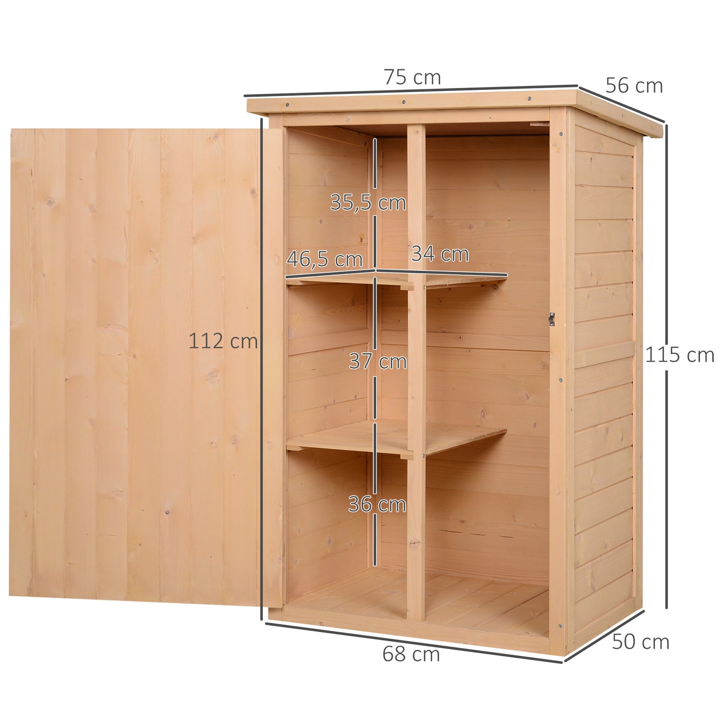 Outdoor Storage Shed, 75L x 56W x115Hcm Fir Wood w/ Shelves Wood Tone