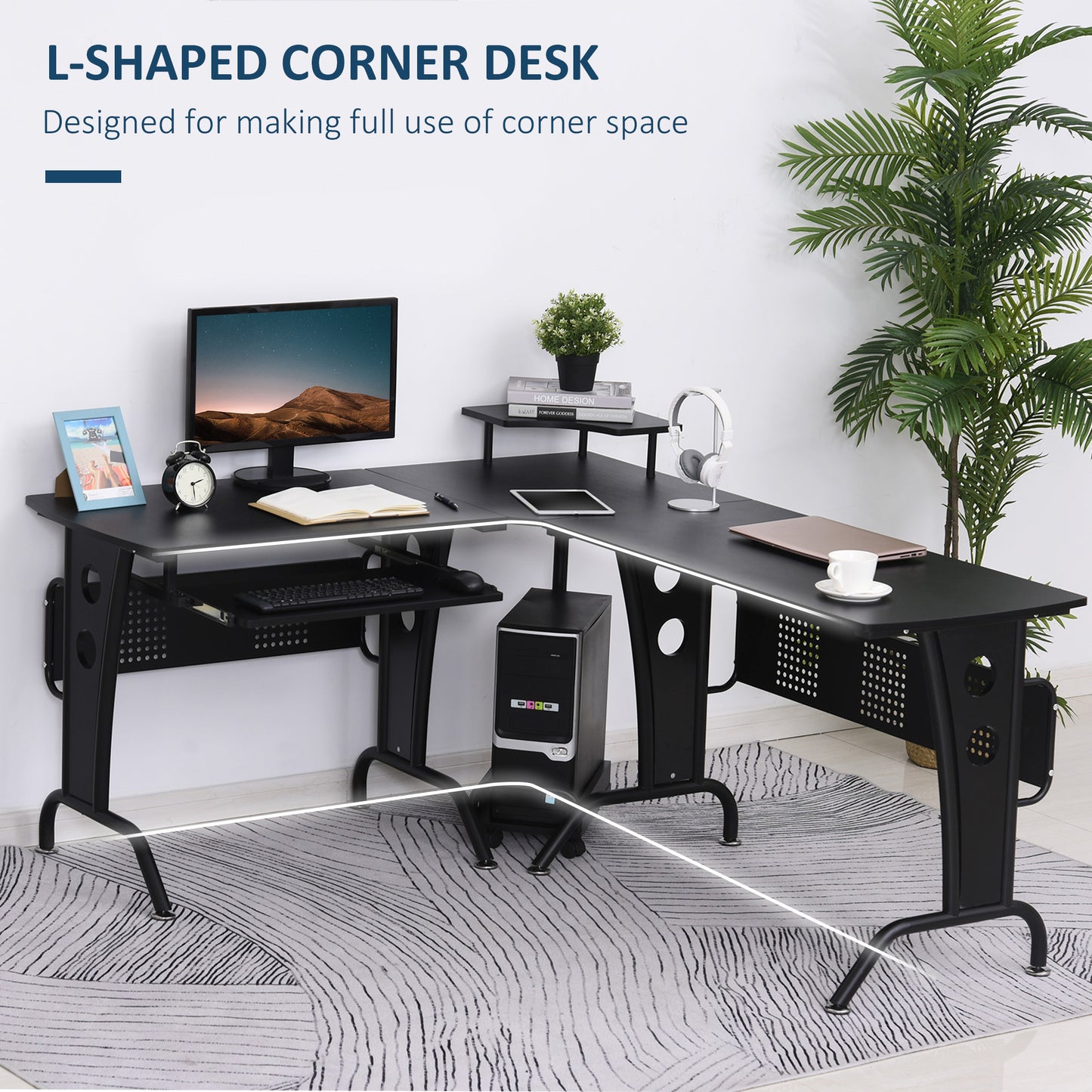 L-Shaped Corner Desk Steel MDF Top w/ Keyboard Tray Black