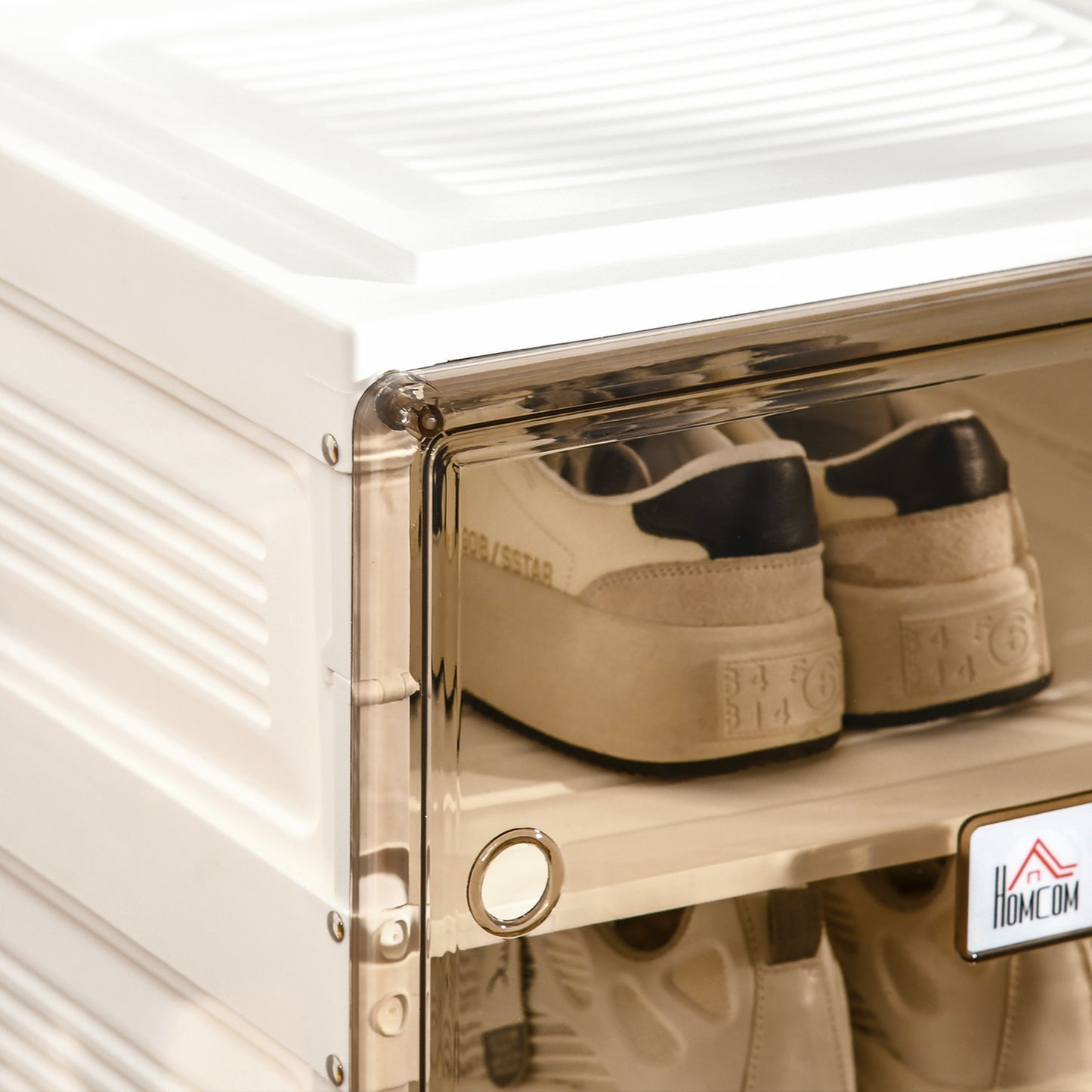 Clear Shoeboxes,  Plastic Shoe Storage Cabinet, with Ten Compartments, Magnet Doors for Hallway White Brown