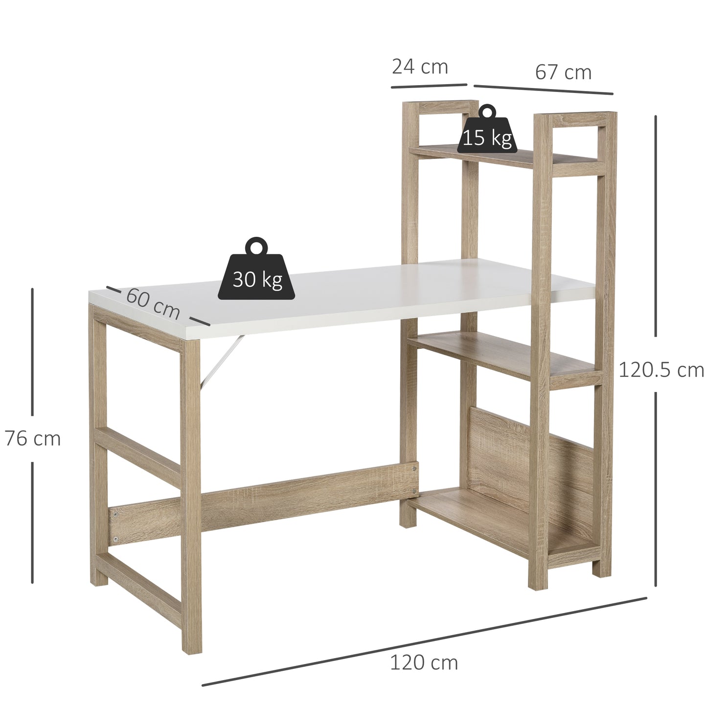 Corner Desk with Storage, Computer Desk with Bookshelf, for Home Study, Office, White Wood Grain