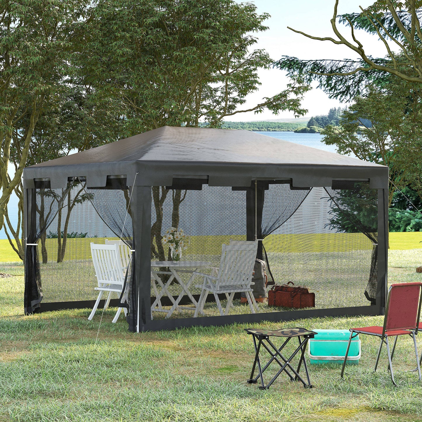 4 m x 3 m Gazebo Party Tent Outdoor Canopy Garden Sun Shade w/ Mesh Sidewalls, Grey