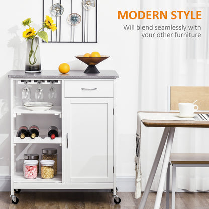 Kitchen Storage Trolley, on Wheels with Wine Rack, Drawer, Open Shelf and Storage Cabinet for Dining Room, White