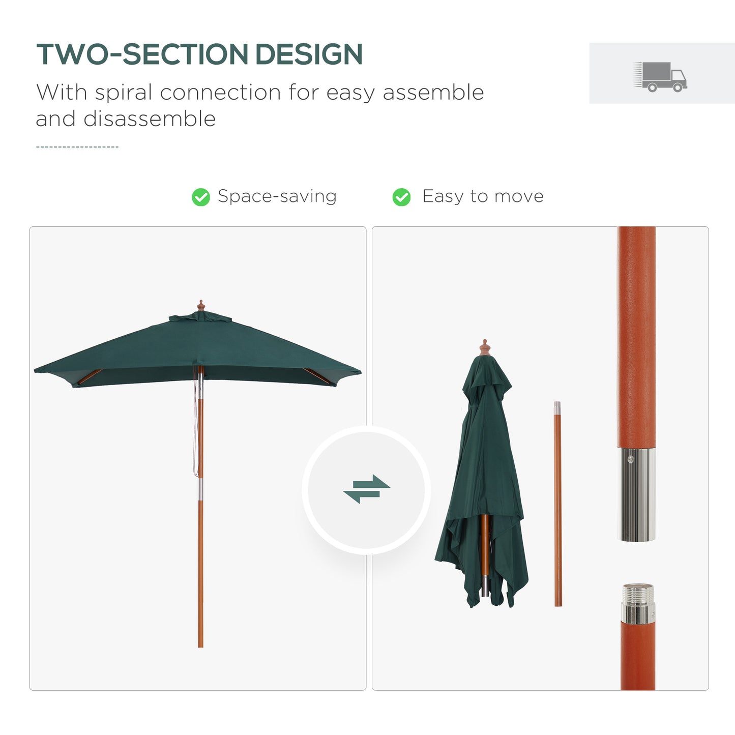 2mx1.5m Patio Parasol Garden Umbrellas Sun Umbrella Bamboo Sunshade Canopy Outdoor Backyard Furniture Fir Wooden Pole 6 Ribs Tilt Mechanism