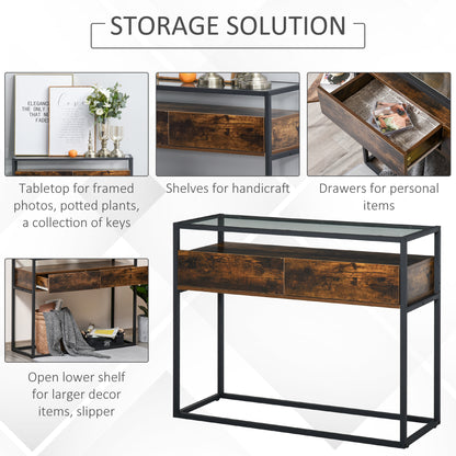 Industrial Style Entryway Console Table Desk with Drawers, Toughened Glass Shelf, 3D Wood Grain